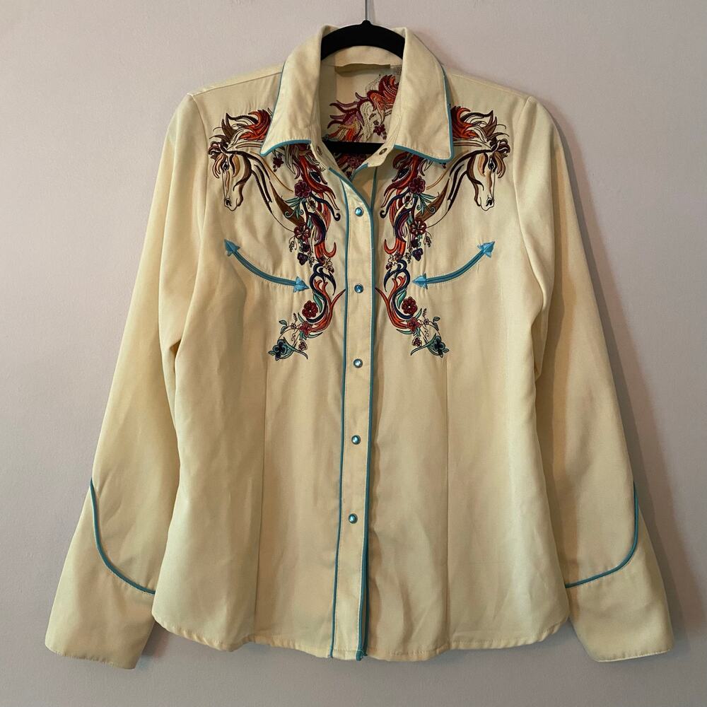 Vintage Scully Cream Horse Embroidered Pearl Snap Shirt Western Rodeo Medium